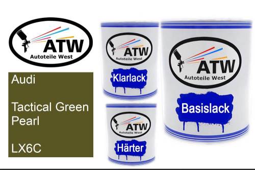 Audi, Tactical Green Pearl, LX6C: 1L Lackdose + 1L Klarlack + 500ml Härter - Set, von ATW Autoteile West.